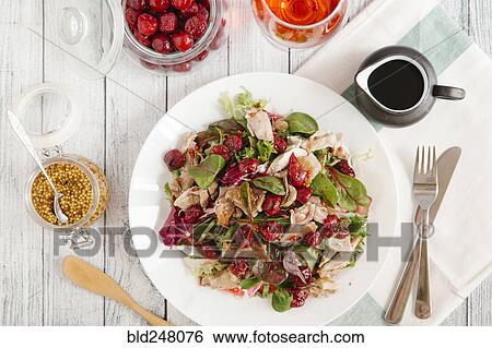 Plate of salad with chicken and cherry sauce View Large Photo Image Stock Photograph - Plate of salad with chicken and cherry sauce. Fotosearch