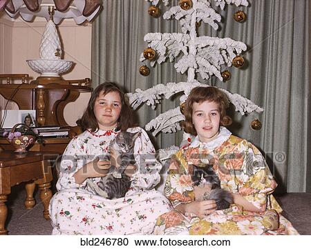 Stock Image - Portrait of Caucasian sisters wearing pajamas holding cats on Christmas. Fotosearch