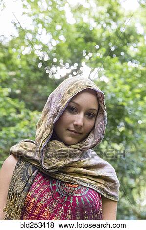 Portrait of Caucasian woman wearing headscarf View Large Photo Image Stock Photo - Portrait of Caucasian woman wearing headscarf. Fotosearch