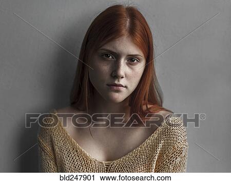 Stock Image - Portrait of serious Caucasian teenage girl. Fotosearch