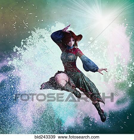 Stock Photo - Powder splashing on woman in mid-air wearing dress. Fotosearch
