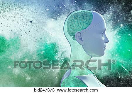 Profile of cyborg with green brain View Large Photo Image Stock Image - Profile of cyborg with green brain. Fotosearch