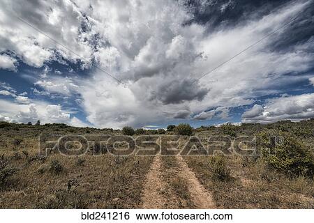 Remote dirt path under clouds View Large Photo Image Stock Photograph - Remote dirt path under clouds. Fotosearch
