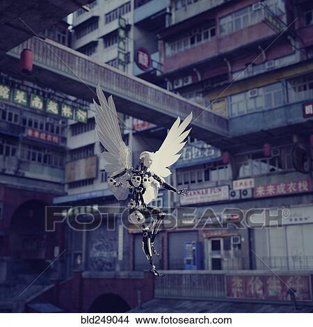 Robot angel in futuristic city View Large Photo Image Picture - Robot angel in futuristic city. Fotosearch