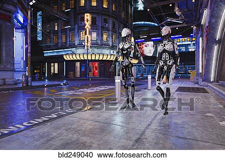 Stock Image - Robot couple walking in futuristic city. Fotosearch