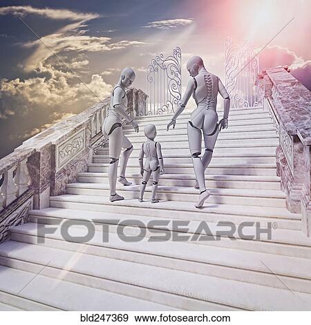 Stock Photo - Robot family on stairway to heaven. Fotosearch