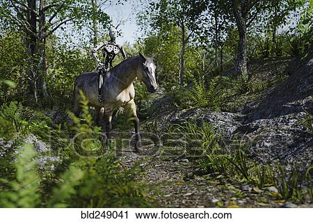 Stock Image - Robot riding horse in the woods. Fotosearch