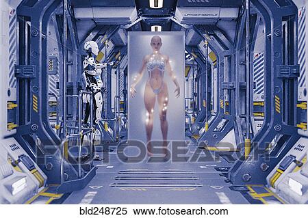 Stock Photography - Robot watching woman in suspended animation. Fotosearch