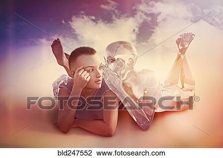 Stock Image - Robot whispering secret to a woman. Fotosearch