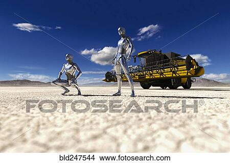 Picture - Robots examining drought on farmland. Fotosearch