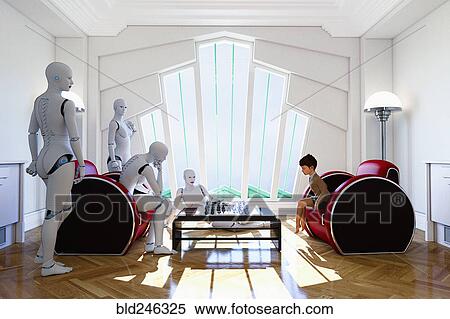 Stock Photography - Robots playing chess against girl. Fotosearch