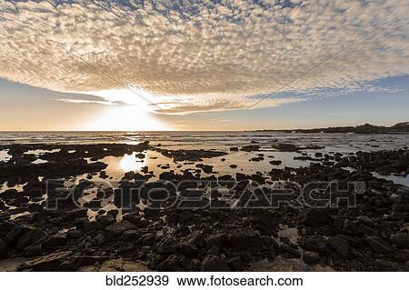 Stock Photo - Rocks on ocean beach at sunset. Fotosearch