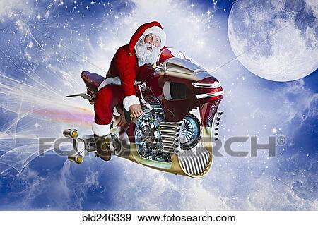 Santa flying in sky on futuristic motorcycle View Large Photo Image Stock Photo - Santa flying in sky on futuristic motorcycle. Fotosearch
