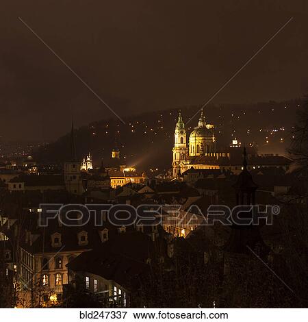 Stock Photo - Scenic view of city at night, Prague, Praha, Czechia. Fotosearch