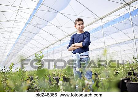 Stock Photograph - Serious Hispanic boy standing in greenhouse. Fotosearch