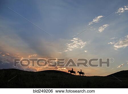 Stock Photograph - Silhouette of Caucasian couple riding horses at sunset. Fotosearch