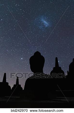 Stock Image - "Silhouette of statue of Buddha at night, Borobudur, Java, Indonesia". Fotosearch