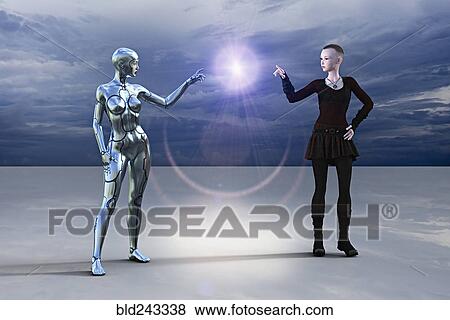 Stock Photo - Silver female cyborg and woman pointing at glowing light. Fotosearch