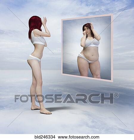 Picture - Skinny woman viewing overweight reflection in floating mirror. Fotosearch