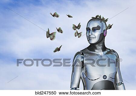 Stock Image - Smiling robot watching butterflies. Fotosearch