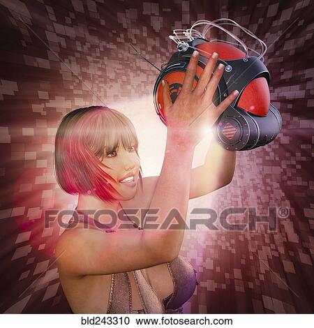 Smiling woman holding glowing virtual reality helmet View Large Photo Image Stock Image - Smiling woman holding glowing virtual reality helmet. Fotosearch