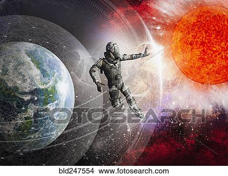 Picture - Soldier floating in force field in outer space. Fotosearch