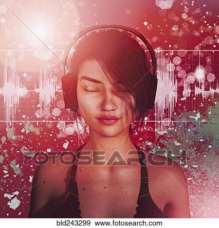 Sound waves from woman listening to music on headphones View Large Photo Image Stock Photo - Sound waves from woman listening to music on headphones. Fotosearch