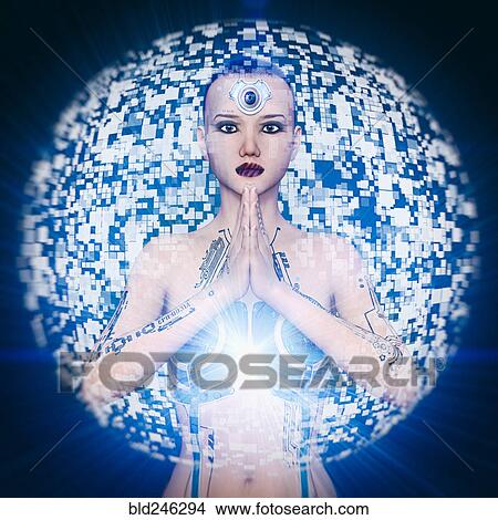 Picture - Sphere hovering over woman cyborg with hands clasped. Fotosearch