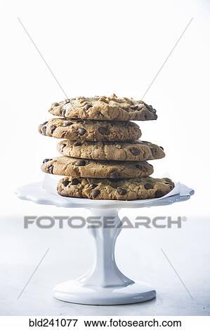 Stock Photo - Stack of chocolate chip cookies on tray. Fotosearch