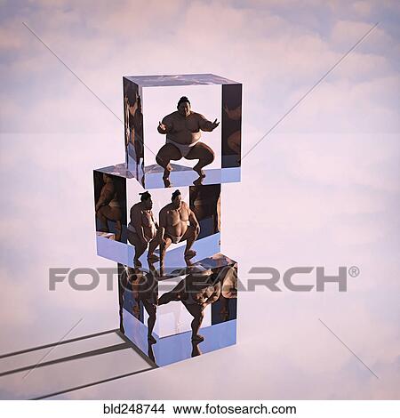 Picture - Stack of sumo wrestlers frozen in suspended animation. Fotosearch