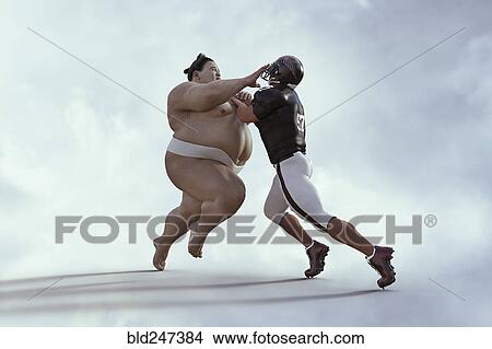 Picture - Sumo wrestler and football player battling. Fotosearch