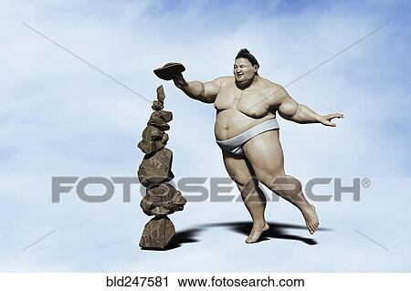 Stock Image - Sumo wrestler balancing pile of rocks. Fotosearch