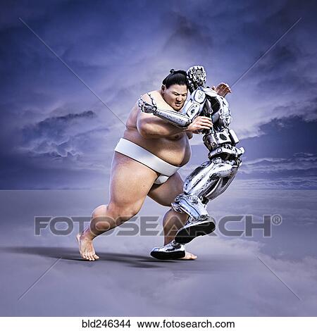 Sumo wrestler pushing robot View Large Photo Image Picture - Sumo wrestler pushing robot. Fotosearch