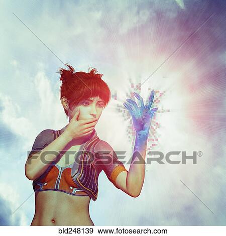 Surprised woman staring at glowing hand View Large Photo Image Stock Photo - Surprised woman staring at glowing hand. Fotosearch