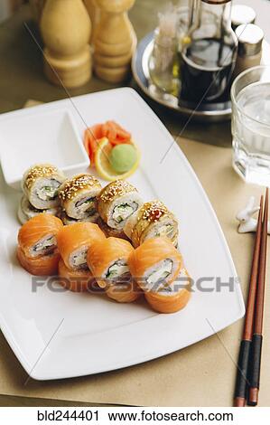 Stock Image - Sushi on plate with chopsticks. Fotosearch