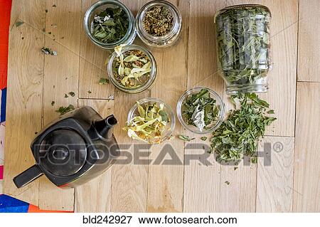 Teapot and tea leaves on table View Large Photo Image Stock Photo - Teapot and tea leaves on table. Fotosearch