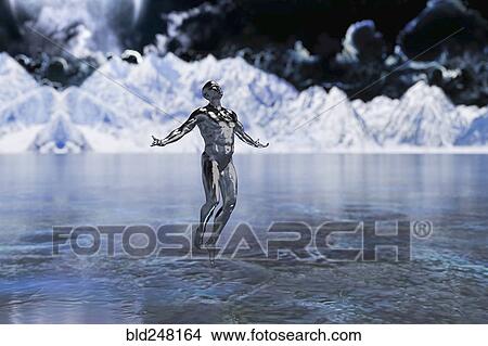 Picture - Transparent futuristic man floating over water. Fotosearch