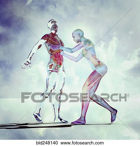 Stock Image - Transparent futuristic woman reaching into abdomen of man. Fotosearch