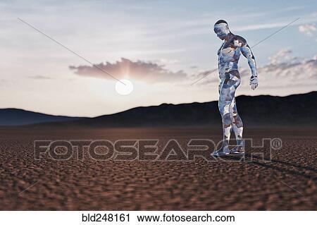 Stock Image - Transparent man walking in desert. Fotosearch