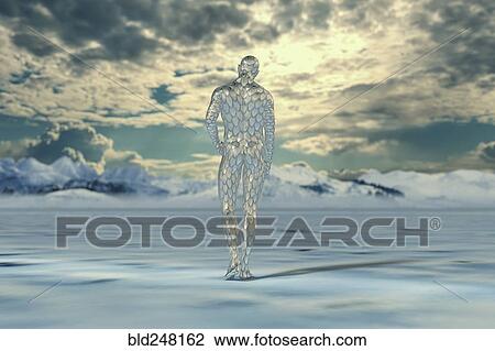 Stock Image - Transparent man with scales walking on water. Fotosearch