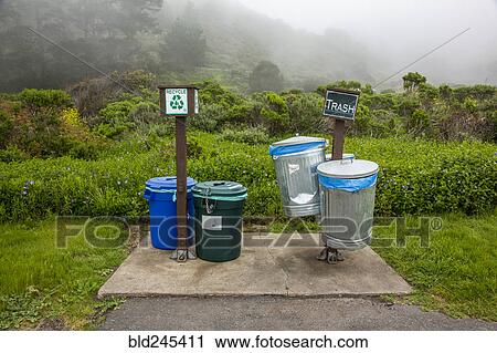 Trash and recycling bins in park View Large Photo Image Stock Image - Trash and recycling bins in park. Fotosearch