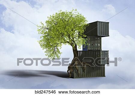 Stock Photograph - Tree growing roots on stack of cargo containers. Fotosearch