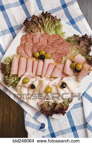 Picture - Variety of sliced meat on plate. Fotosearch