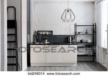 White and black domestic kitchen View Large Photo Image Picture - White and black domestic kitchen. Fotosearch