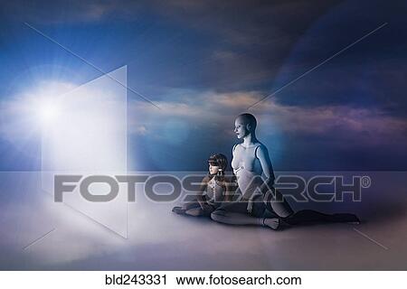 White female cyborg and girl sitting on floor watching virtual screen View Large Photo Image Stock Image - White female cyborg and girl sitting on floor watching virtual screen. Fotosearch