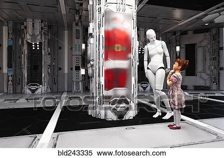 White female cyborg and girl watching Santa in cylinder View Large Photo Image Stock Photography - White female cyborg and girl watching Santa in cylinder. Fotosearch