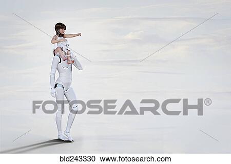 Stock Image - White female cyborg carrying girl on shoulders. Fotosearch