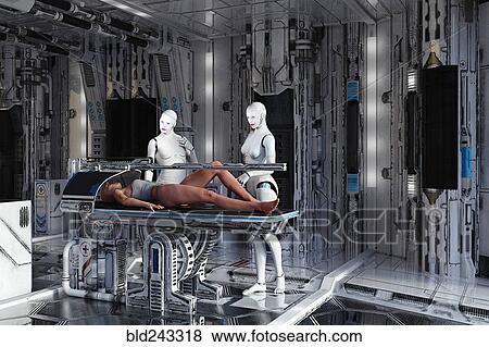Stock Photo - White female cyborg examining woman on table. Fotosearch