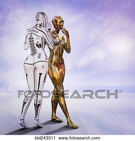 White female cyborg standing and whispering to gold cyborg View Large Photo Image Stock Image - White female cyborg standing and whispering to gold cyborg. Fotosearch