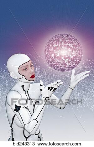 White female cyborg watching floating sphere View Large Photo Image Stock Image - White female cyborg watching floating sphere. Fotosearch